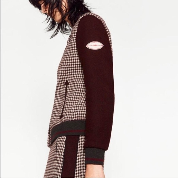 🥀ZARA MAROON CHECKED BOMBER JACKET Size XS - Picture 2 of 14